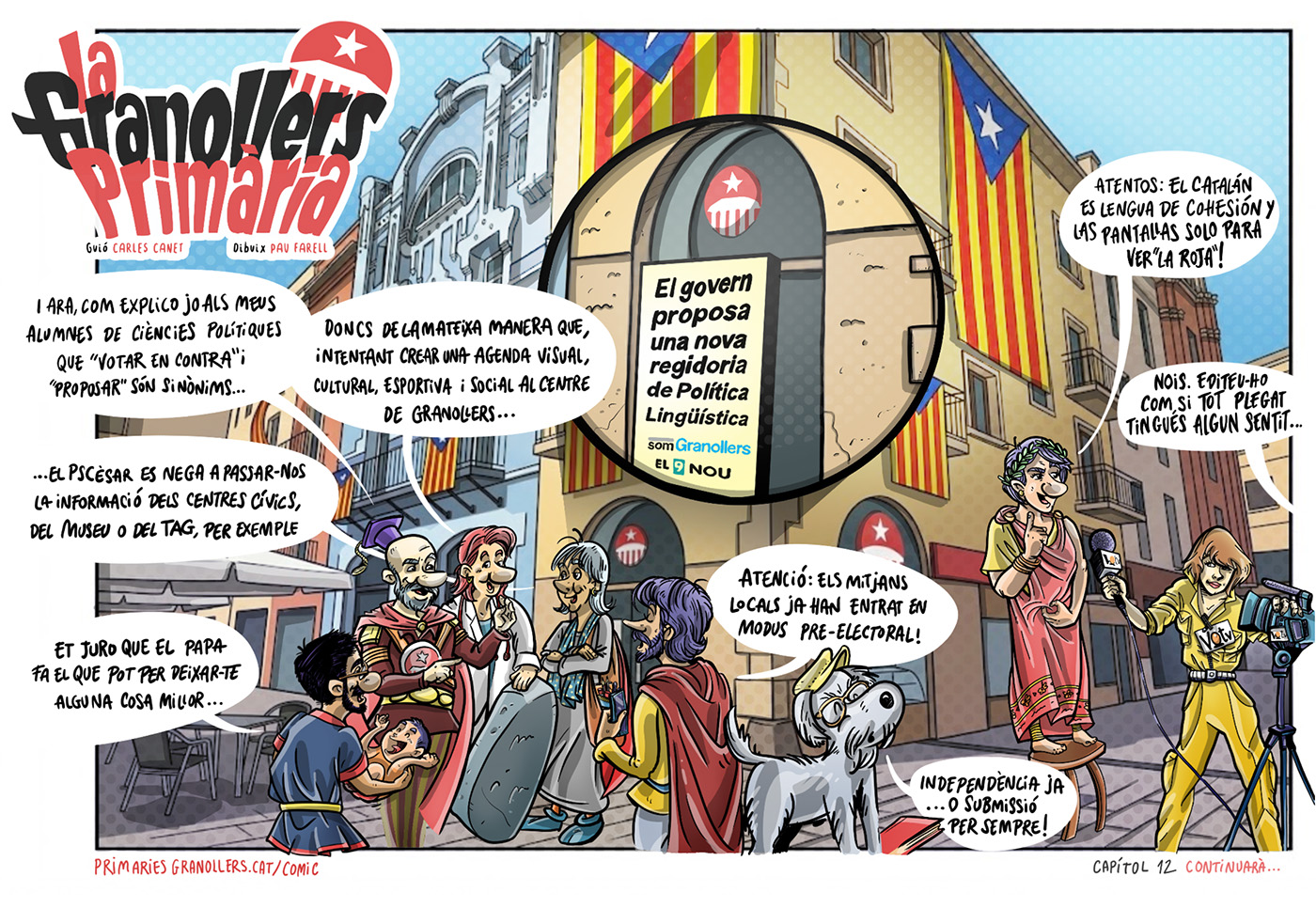 Vinyeta còmica dels personatges de la Granollers Primària davant del local de la plaça de la Porxada a on han instal·lat una pantalla informativa mentre comenten l'actualitat.