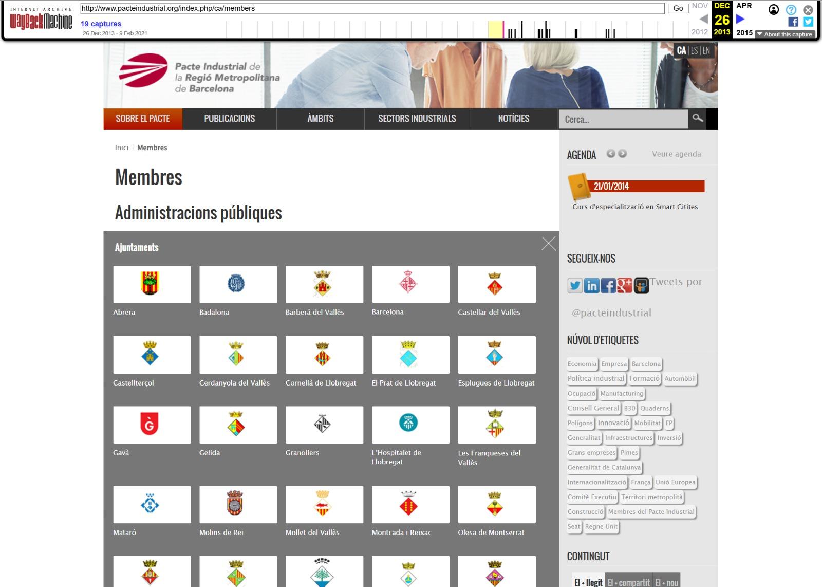 Captura de pantalla de la pàgina del Pacte Industrial de la Regió Metropolitana de Barcelona, feta a través de archive.org, a dia 26 de desembre de 2013 a on hi figura el logotip de l'Ajuntament de Granollers