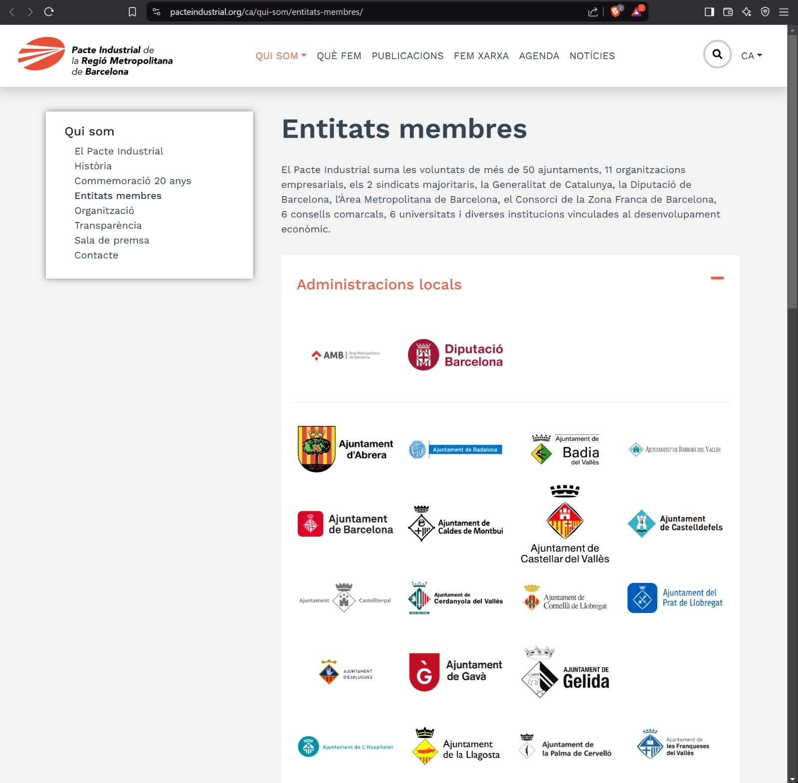 Captura de la pàgina del Pacte Industrial de la Regió Metropolitana de Barcelona de dia 2 de març de 2024 amb l'espai en blanc a l'espai a on hi havia el logotip de l'Ajuntament de Granollers